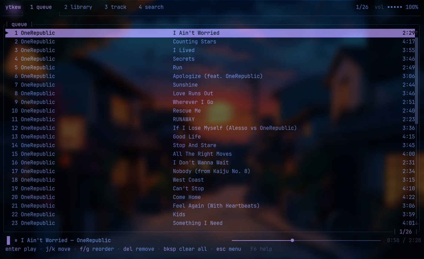 ytkew's queue pane: the running order with the current track highlighted at the top