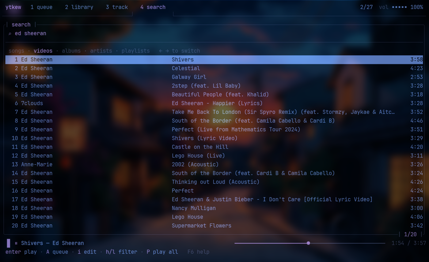 ytkew's search pane: the query box, the five filter tabs with videos selected, and the results list