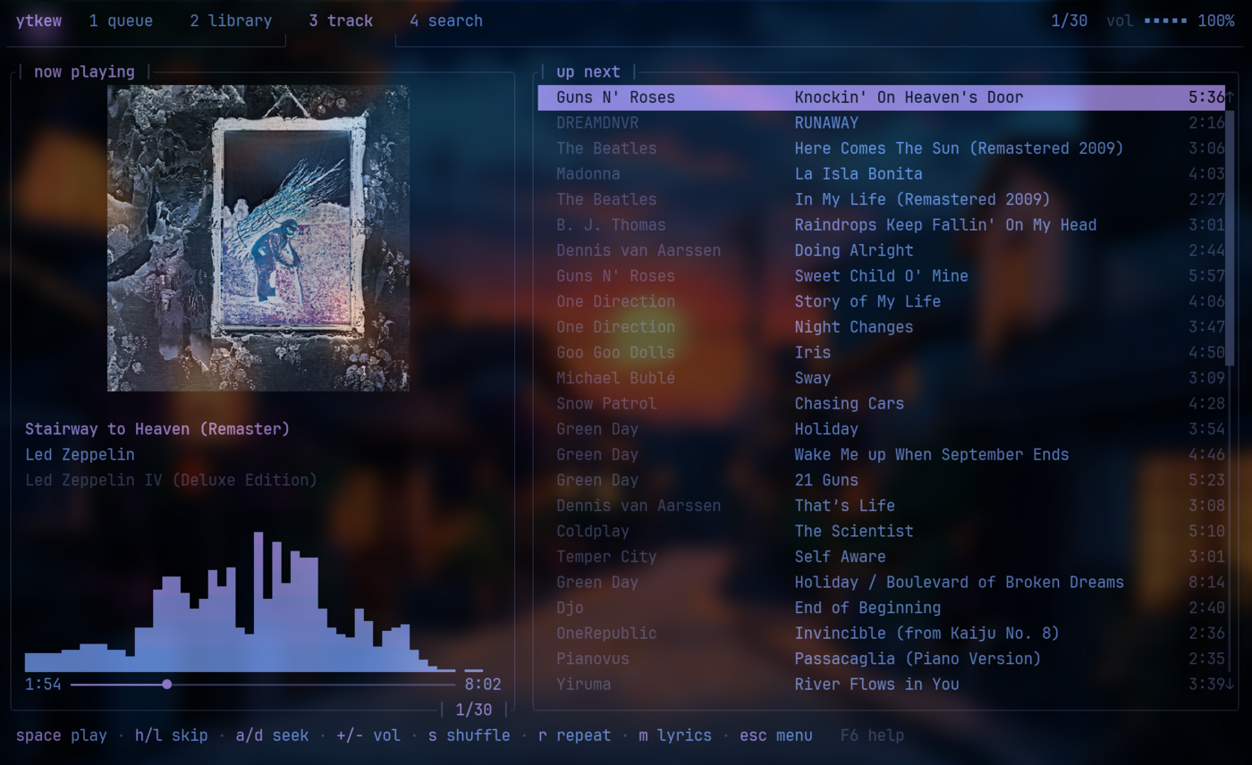 ytkew playing a queue: cover art, spectrum visualizer and the up-next list